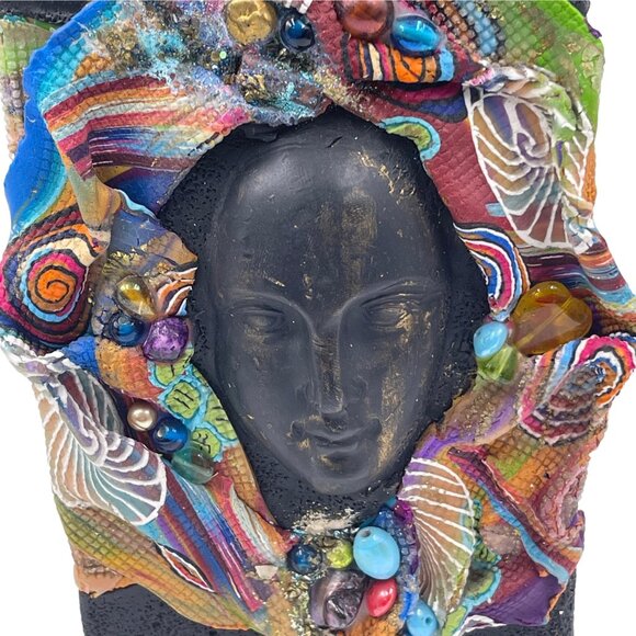 Collage Art Glass Vase Face Amid Multi-colors and Beads Stamped on Bottom - Picture 3 of 10